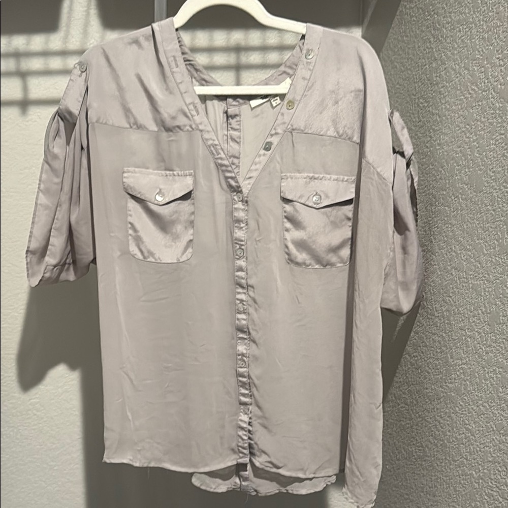 Daniel Rainn Soft Gray Sheer Button Up Blouse